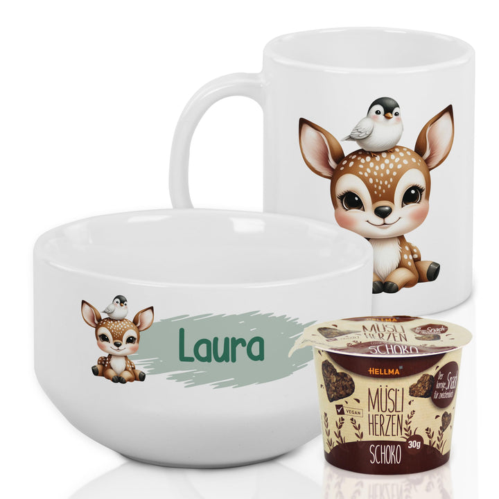 GRAZDesign Frühstückset Tasse mit Müslischale personalisiert für Kinder Rehkitz Motiv aus Keramik -