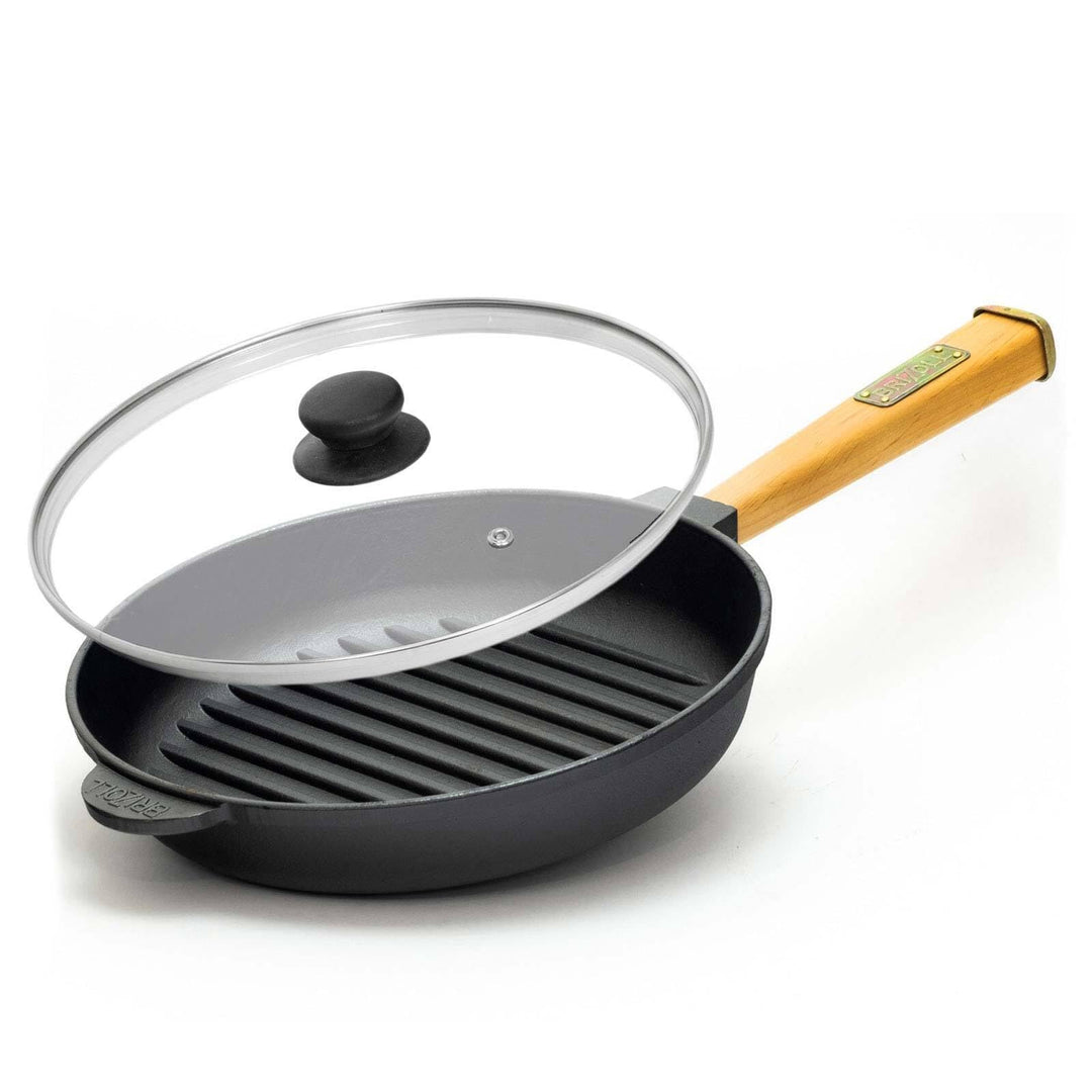 4BIG.fun Ø28cm Grillpfanne aus Gusseisen mit Glasdeckel Induktion Holzgriff Bratpfanne Pfanne Feuerp