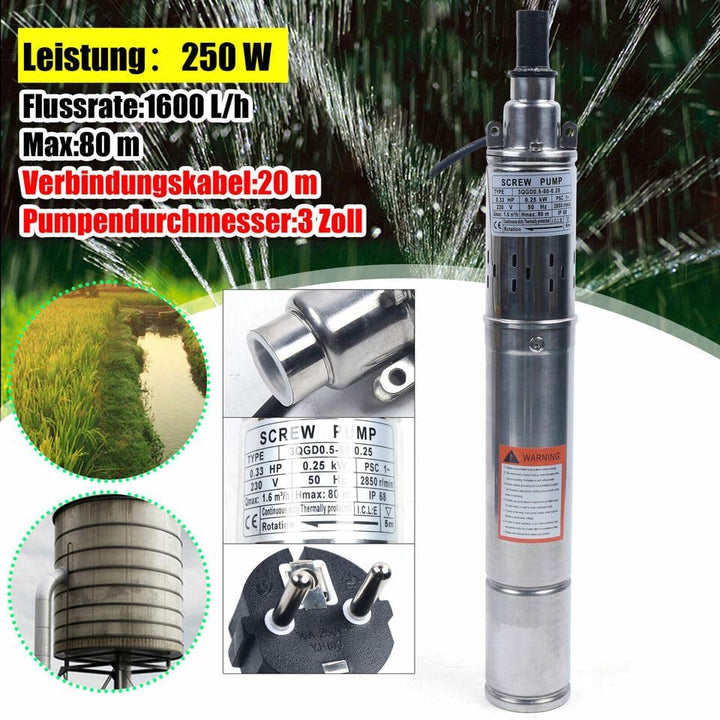 250W Tiefbrunnenpumpe, 20DB Edelstahl Wasserpumpe, 1600 Liter/Stunde, Eintauchtiefe bis 262 Zoll, fu