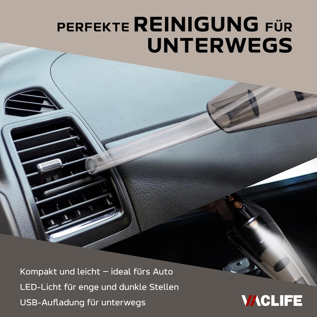 100W Kabelloser Akku-Handstaubsauger, Beutellos mit HEPA-Filter, LED-Licht, Zwei Aufsätzen, Leicht &