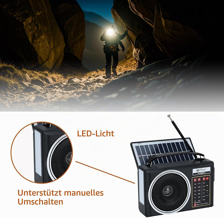 Tragbares Retro-Radio, kompaktes AM/FM/SW-Bluetooth-Radio mit Solarpanel, tragbare LED-Beleuchtung,