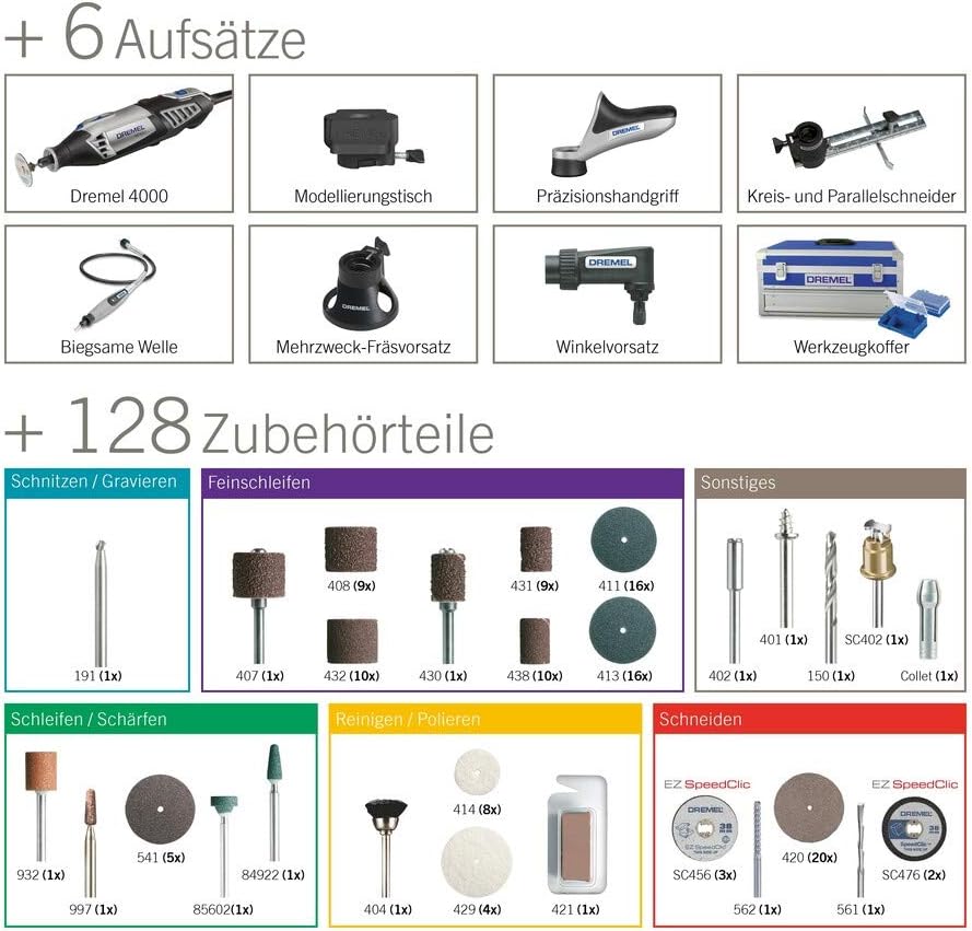 Dremel 4000 Multifunktionswerkzeug 175W, Set mit 128 Zubehörteilen, 6 Vorsatzgeräte, Variable Drehza