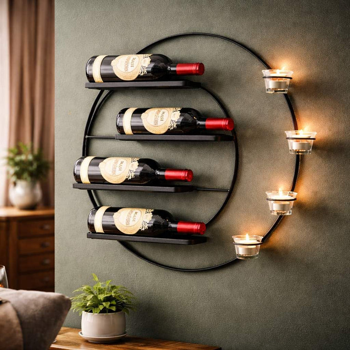 DanDiBo Weinregal für 4 Flaschen und Teelichter Metall 55 cm Wand Schwarz Vivace 96214 Rund Flaschen