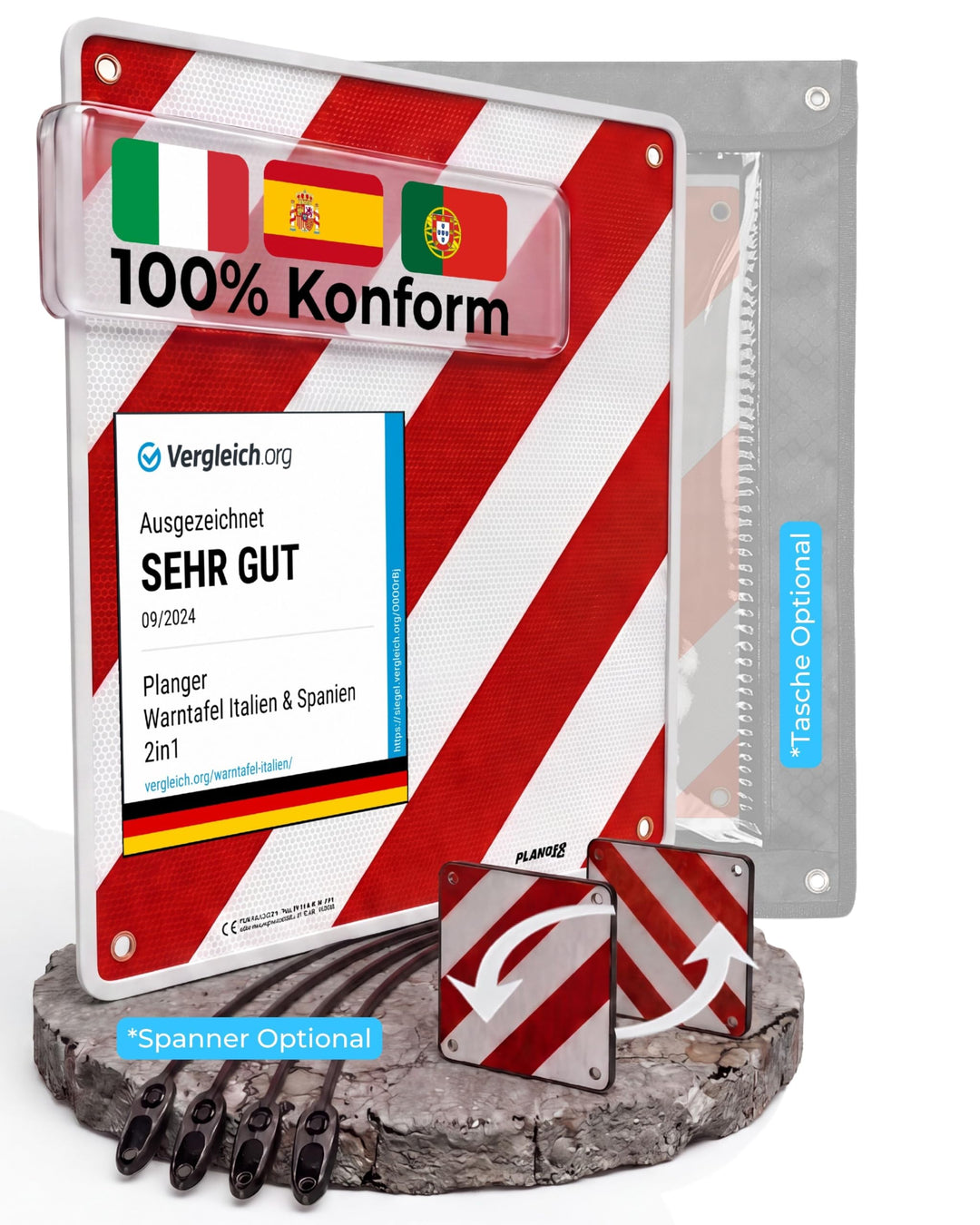 PLANGER® - Warntafel Italien und Spanien 2in1 (50 x 50 cm) - Reflektierendes Warnschild rot weiss fü