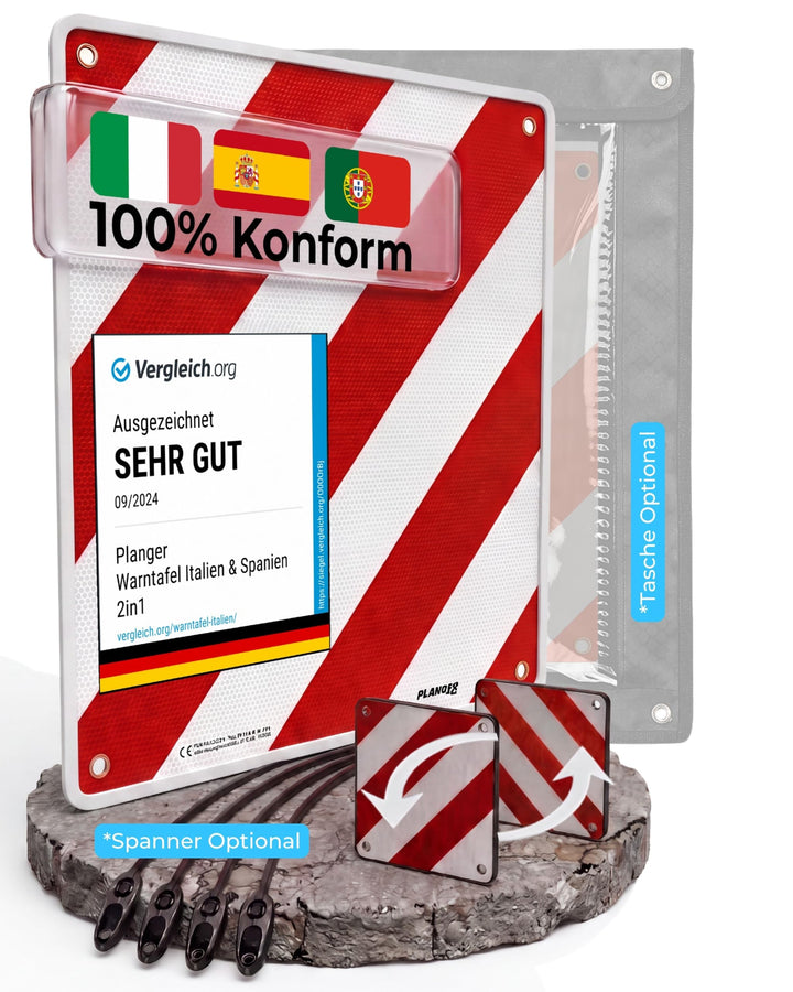 PLANGER® - Warntafel Italien und Spanien 2in1 (50 x 50 cm) - Reflektierendes Warnschild rot weiss fü