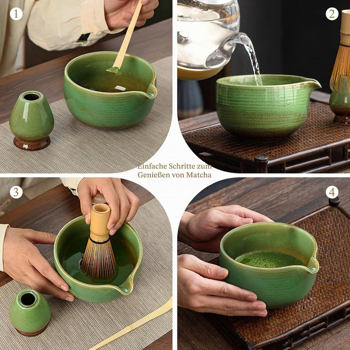 Matcha Set 2-teilig, Matcha Tee Set Blau mit Chawan Matcha-Schale (510 ml) &amp; Keramik-Besenhalter, Mi