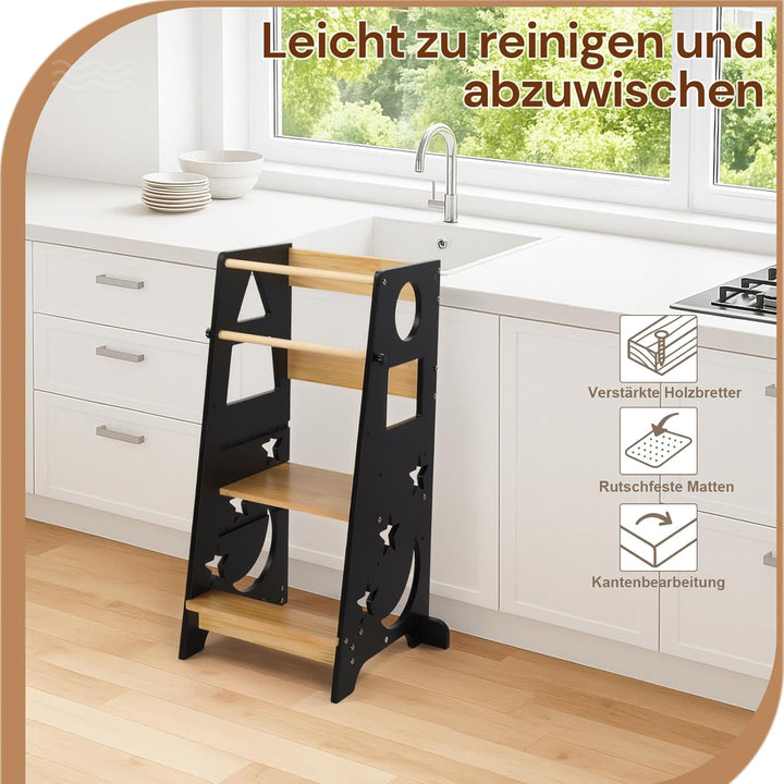 LEADZM Lernturm ab 1 Jahr，Learning Tower，3-Stufige Höhenverstellung aus Holz，mit Anti-Rutsch-Streife
