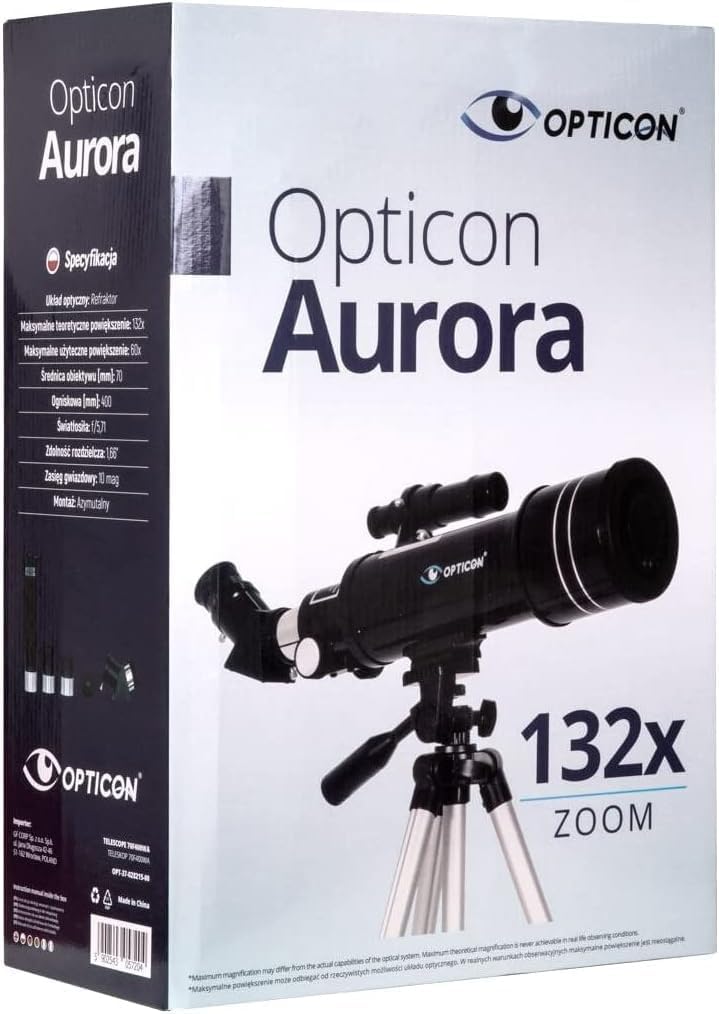 OPTICON - Teleskop Aurora I Vergrösserung 132x I Durchmesser 70 mm I Brennweite 400 mm I Barlowlinse