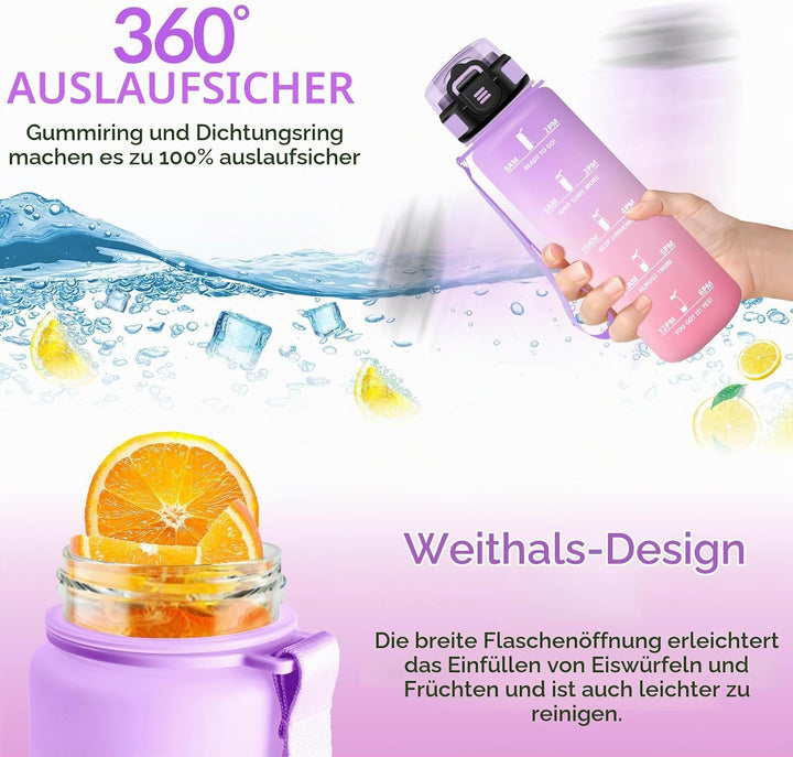 HoneyHolly Trinkflasche 1L mit Strohhalm, Trinkflasche Kohlensäure Geeignet, Wasserflasche Sport mit