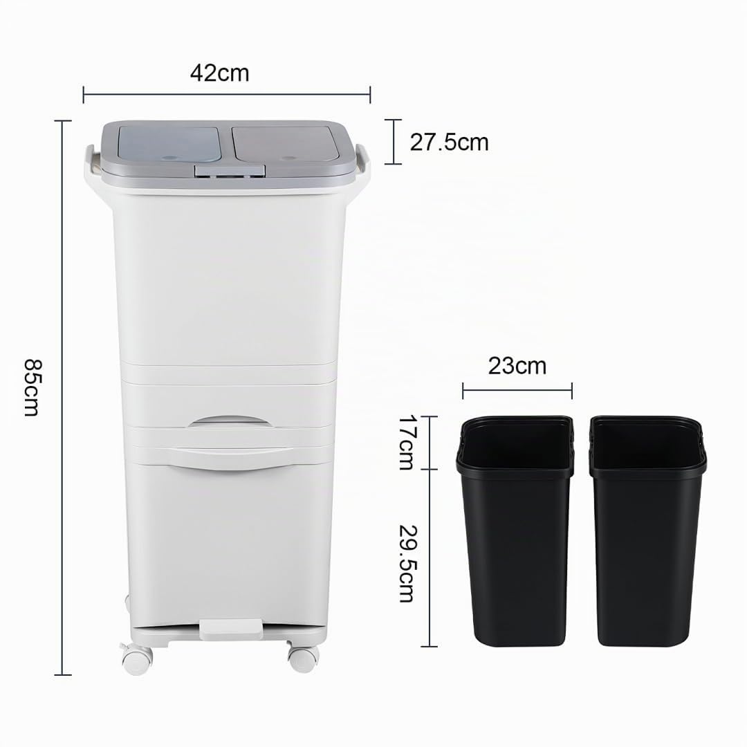 Grossvolumiger 42-Liter-Mülleimer mit 3 Fächern und Druckdeckel – Treteimer mit Fusspedal und Lenkro