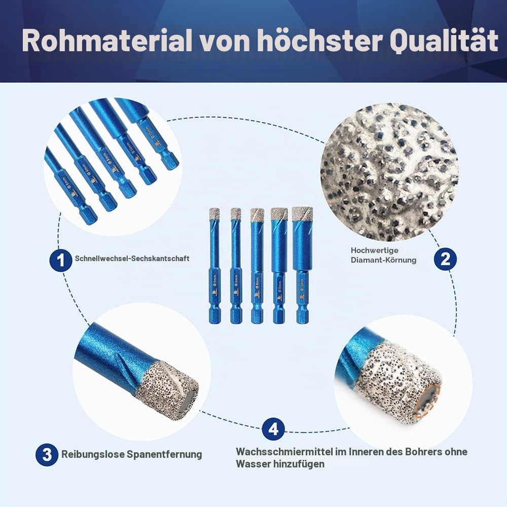 Diamantbohrer Fliesenbohrer Set 6/6/8/10/12mm - BRSCHNITT 5 Stück Sechskant-Schaft fliesenbohrer set