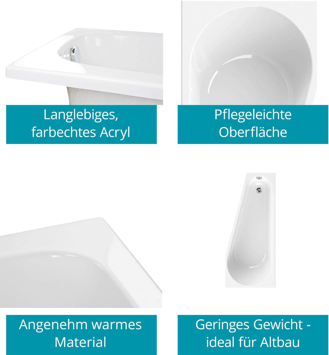 Calmwaters® Raumsparende Eckbadewanne 160x70 cm, Acrylwanne Essential Small, platzsparende Badewanne