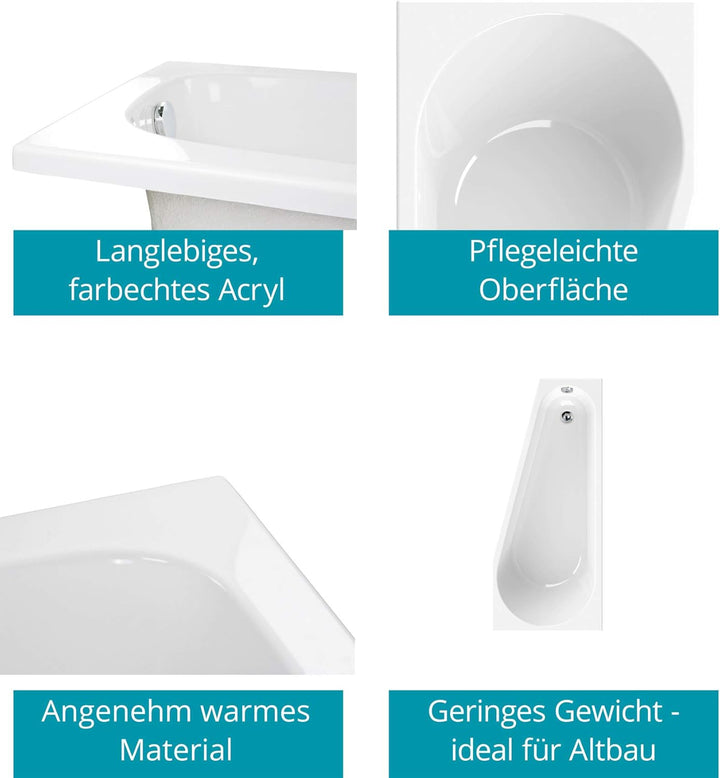 Calmwaters® Raumsparende Eckbadewanne 160x70 cm, Acrylwanne Essential Small, platzsparende Badewanne