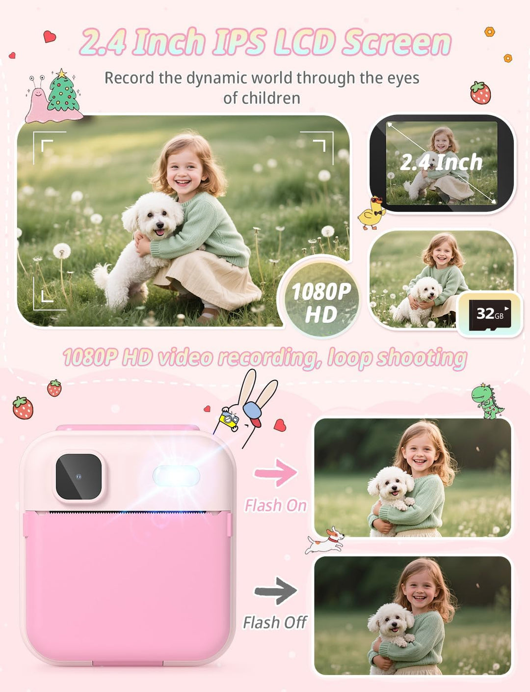 YOHOOLYO Sofortbildkamera Kinder 2,4 Zoll 1080P HD Kinderkamera mit 3 Rollen Druckpapier 32GB Karte