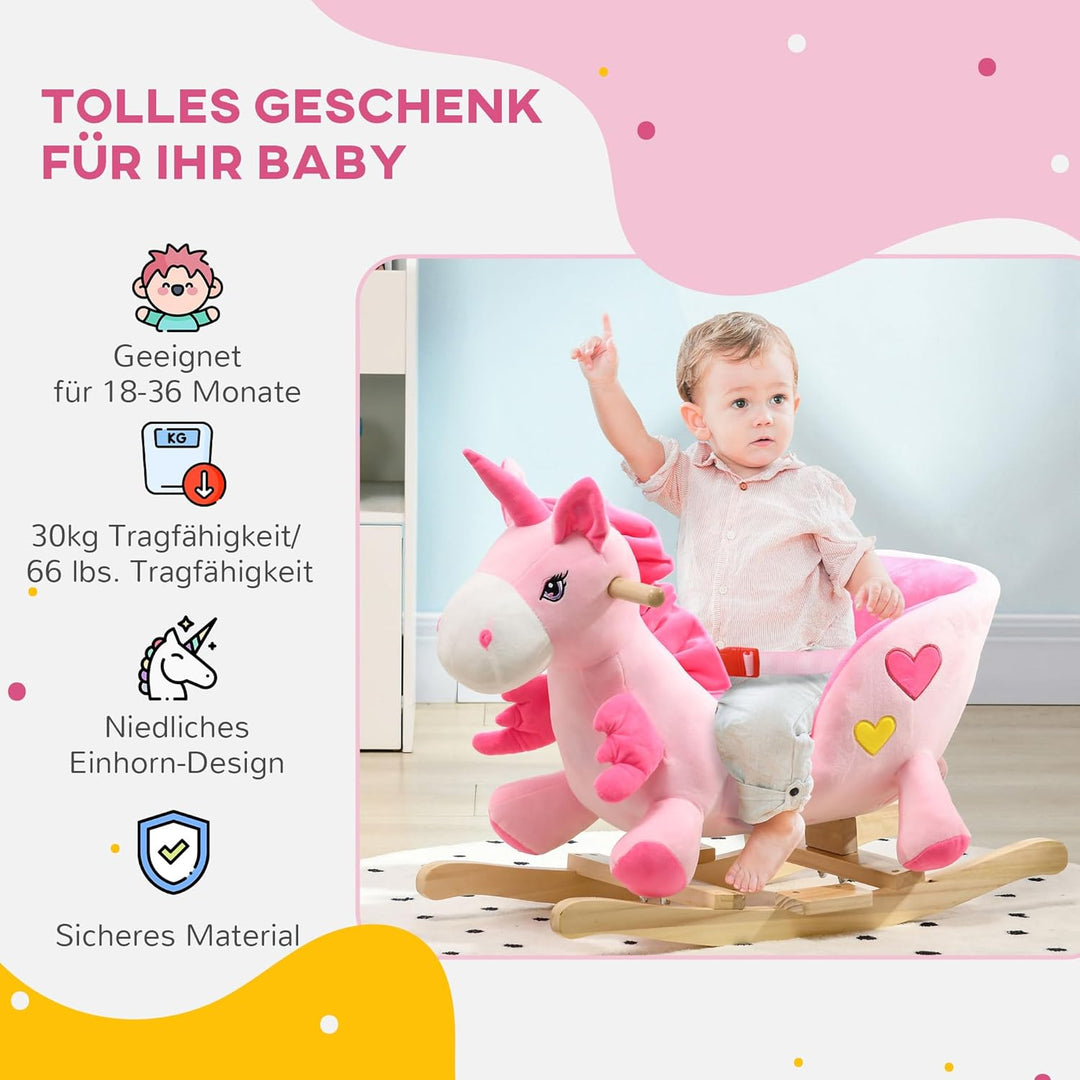 HOMCOM Schaukeltier Einhorn, Kinderschaukelstuhl mit Musik, Beckengurt, Fussstütze, Baby Schaukelstu