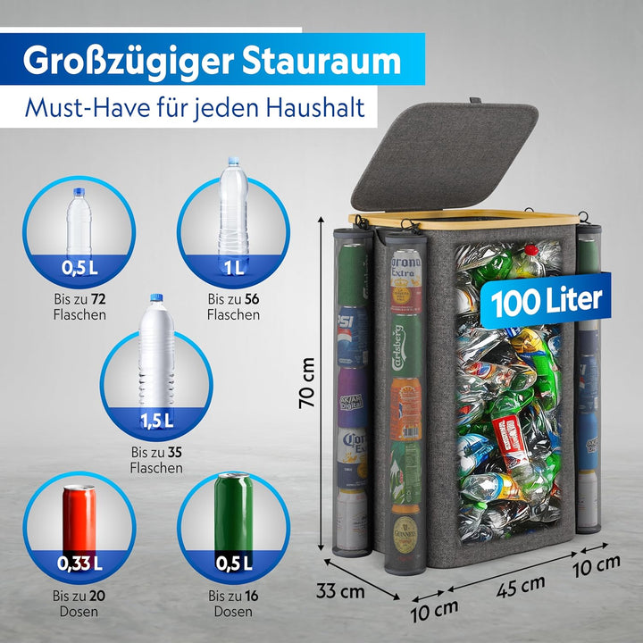 Pfandflaschen Sammelbehälter mit Deckel und Kordelzug - 100L, 1 Fach, 2x Tragetasche für PET Flasche