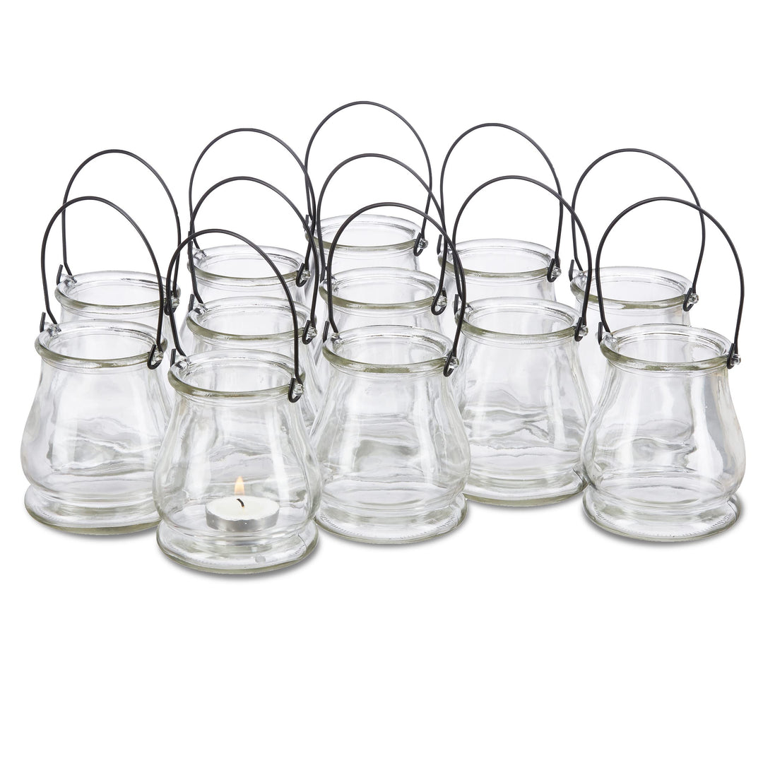 48 x Windlicht aus Glas, runde Glasvase mit Henkel, Tischdeko für Drinnen u. Draussen, Hängewindlich