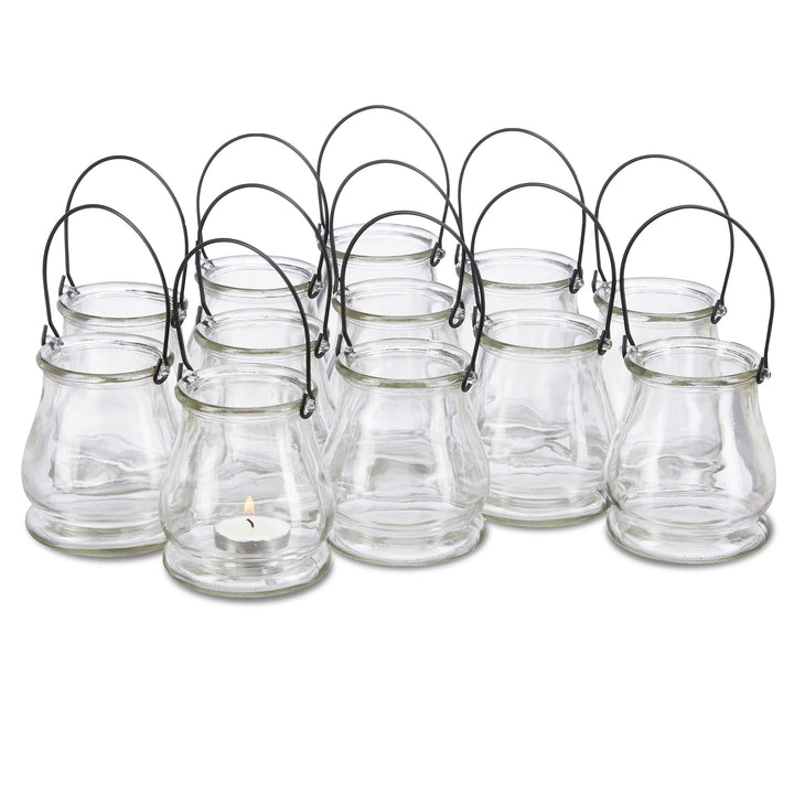 48 x Windlicht aus Glas, runde Glasvase mit Henkel, Tischdeko für Drinnen u. Draussen, Hängewindlich