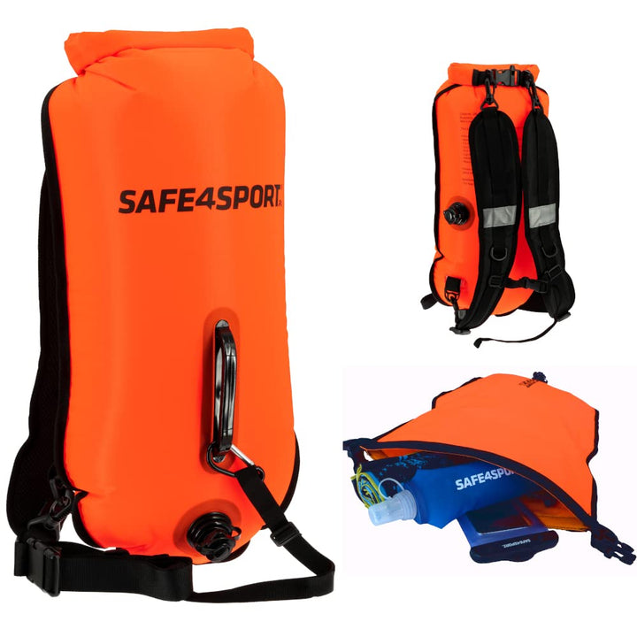 SAFE4SPORT RunSwimmer - Aufblasbare Sicherheitsboje zum Schwimmen und 3in1 Rucksack - Grosse Boje mi