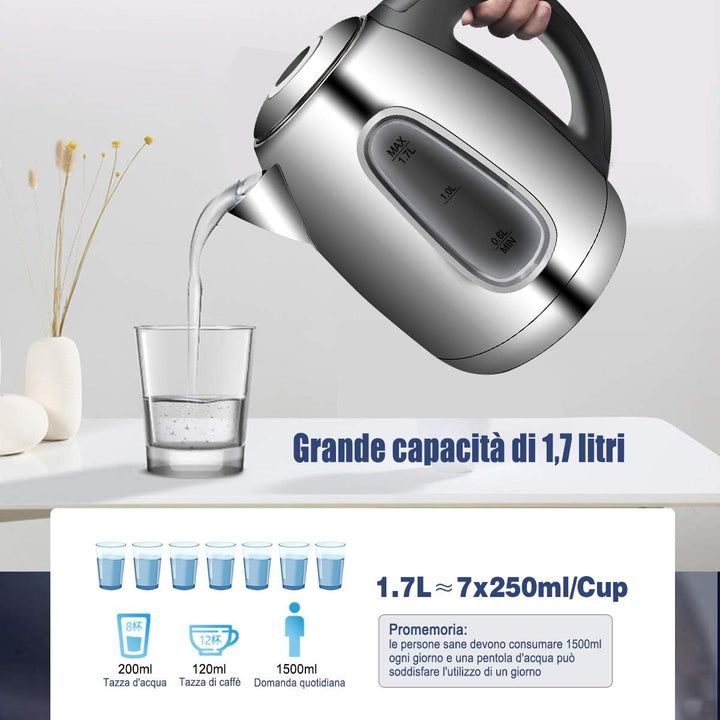 EXTRASTAR Wasserkocher aus Edelstahl, 2200W, mit blauem LED-Licht, bpa, automatischer Abschaltung un