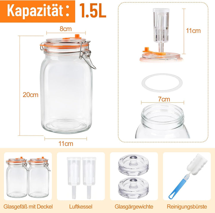 Fermentierglas 2 Stück 1.5L, Fermentationsglas mit Gärventi & Gewicht, Kimchi Behälter, Gärglas für