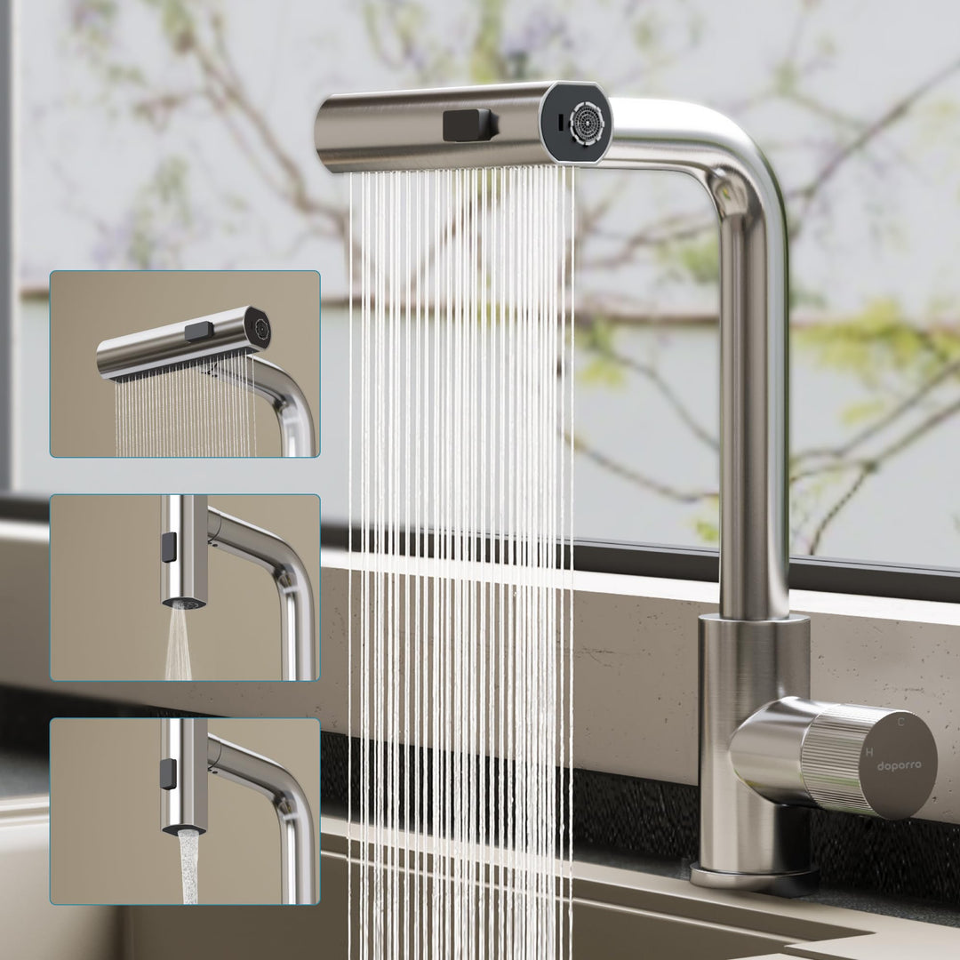 doporro Wasserhahn Küche ausziehbar, Hochdruck Küchenarmatur mit Wasserfall, 3 Strahlarten und Braus