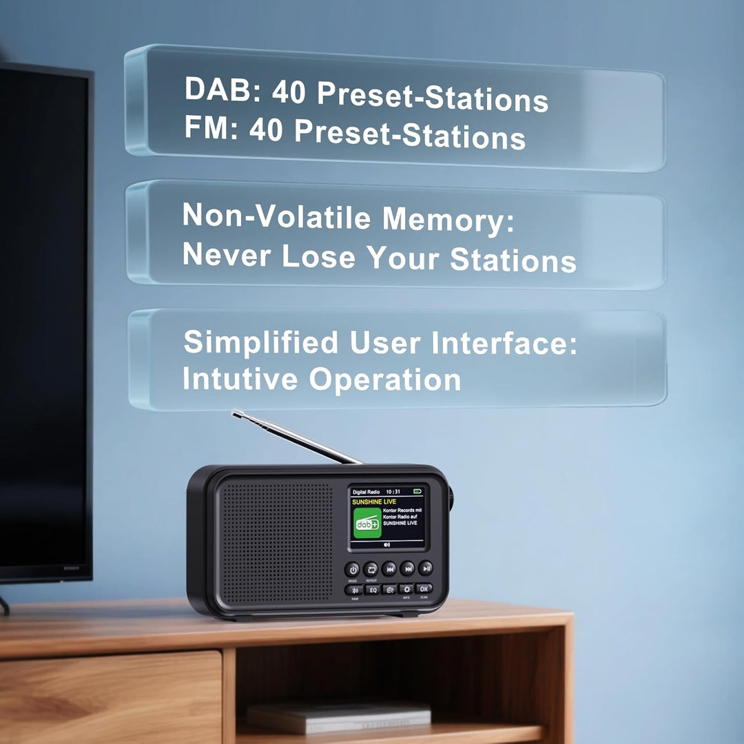 Tragbares DAB/DAB+ Radio, UKW Digitalradio mit 3000-mAh Akku, wiederaufladbares FM Radio mit Bluetoo