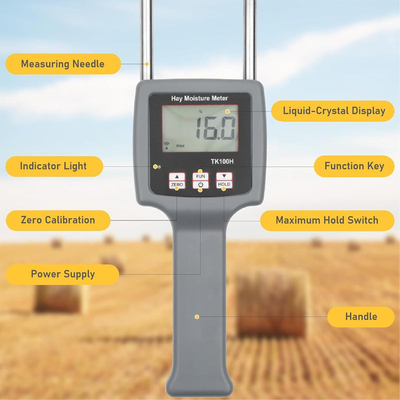 TK100H Tragbares Heufeuchtemessgerät, 0-80% Digitales LCD-Getreidemessgerät, Heuballen-Feuchtigkeits