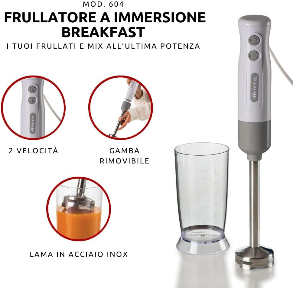 Ariete Breakfast 604 Stabmixer, Mini-Pürierstab mit 2 Geschwindigkeiten, Edelstahlklinge, Abnehmbare