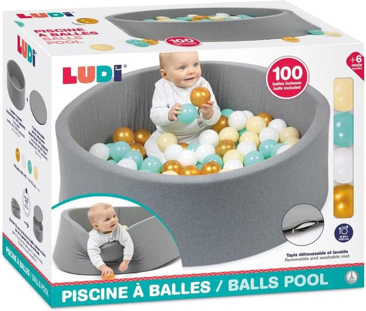 LUDI — Runder Ballpool aus Schaumstoff — Ø 90 cm x H 30 cm — für Babys ab 6 Monaten — 100 Bälle — we