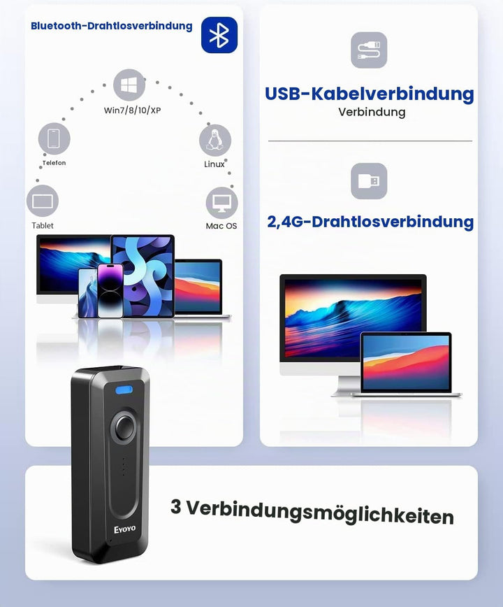 Eyoyo 2D Bluetooth Barcode Scanner mit Klipp, 2000mAh Akku mit Füllstandsanzeige, tragbarer Mini Wir