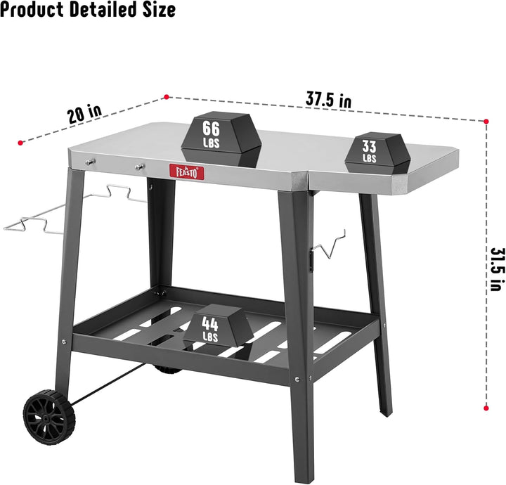 Feasto Grilltischwagen für den Aussenbereich, Pizzaofentisch mit Rollen, Edelstahl-Arbeitsplattenwag