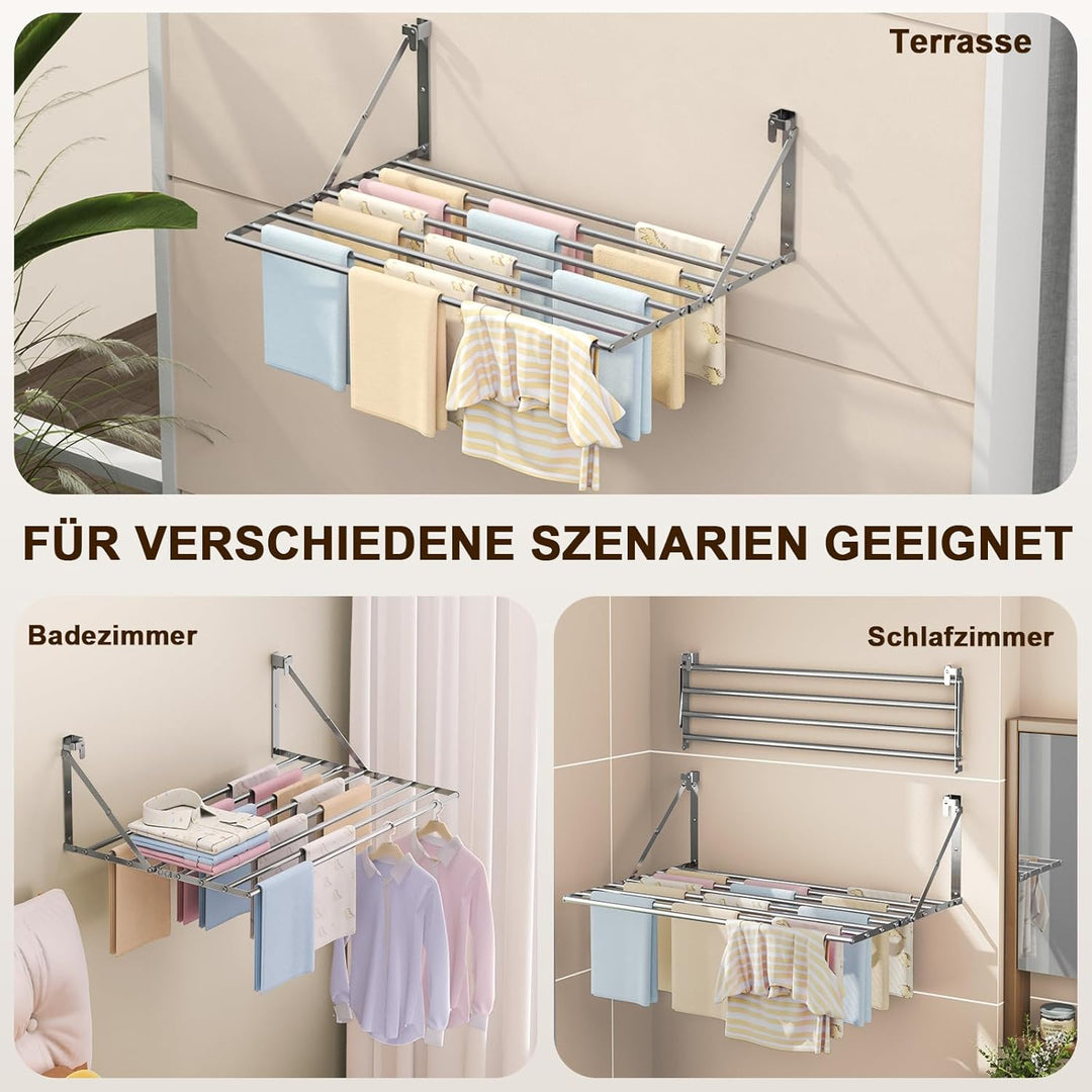 Innotic 80CM Wäscheständer Wandmontage Klappbar, Rostbeständig Wäschetrockner Wand Outdoor mit 8 Sta