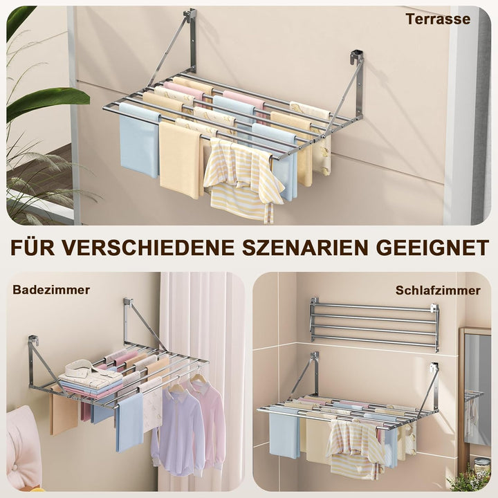Innotic 80CM Wäscheständer Wandmontage Klappbar, Rostbeständig Wäschetrockner Wand Outdoor mit 8 Sta