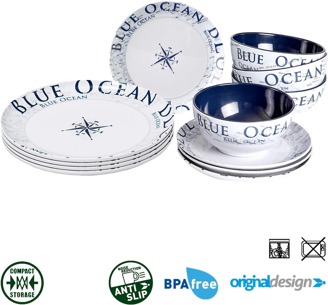 BRUNNER - Campinggeschirr Melamin Maritim (Set: 12, 16 oder 36 Teilig), 4 Personen - Blue Ocean - Ho