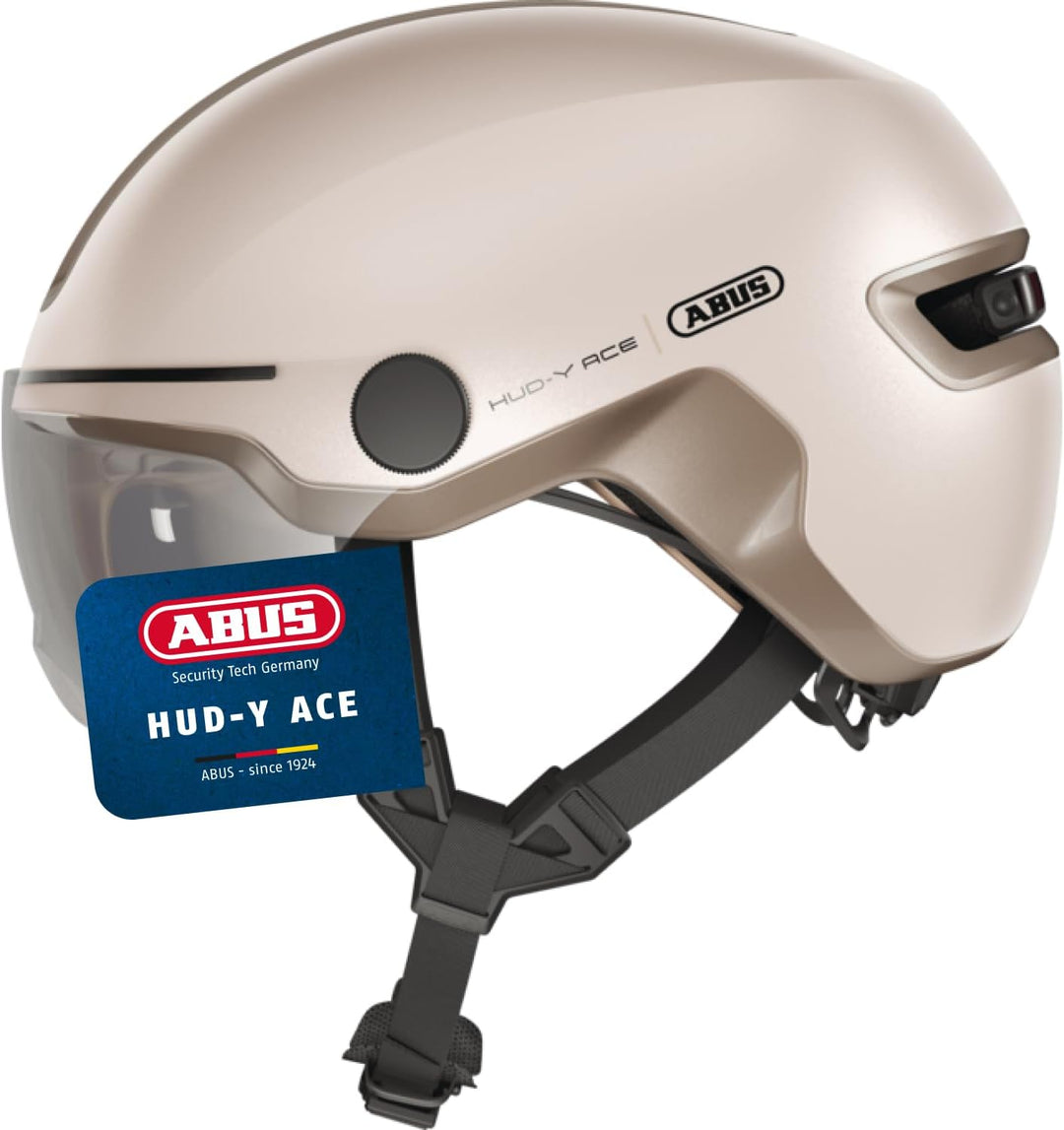 ABUS Stadthelm HUD-Y ACE - stylischer Fahrradhelm mit Visier und magnetischem, aufladbarem LED-Rückl