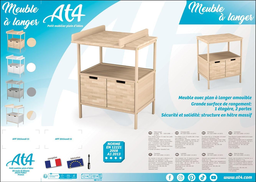 AT4 - Wickelkommode Essentiel Buche roh | 68 x 66 x 90 cm | abnehmbarer Wickelaufsatz inklusive