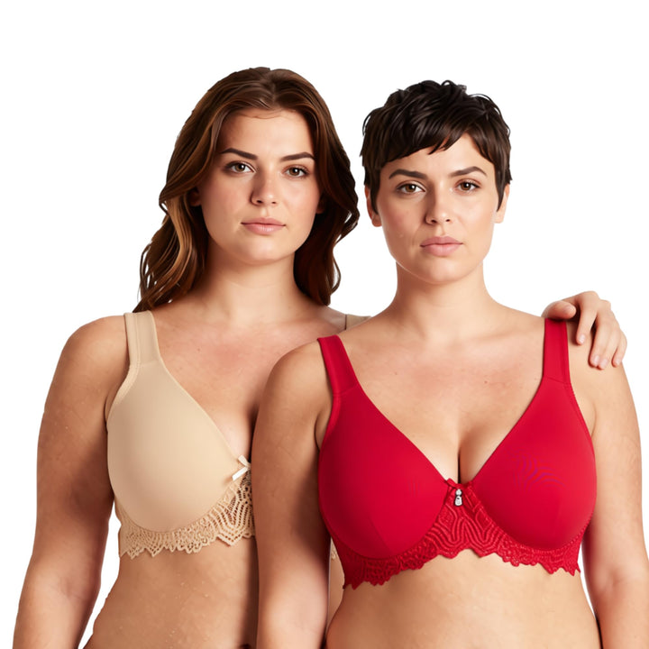 Curve Muse Damen Ungefüttert Bügel Spitze BH mit Gepolstert Schulter Gurte 75B Dunkelrot, Nackt(2er