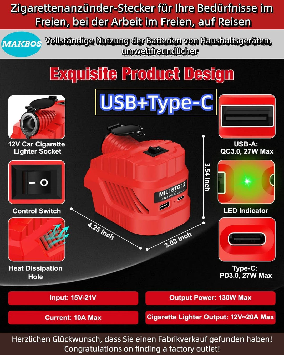 Step Down Konverter für Milwaukee 18V auf 12V | Kfz-Steckdose USB Typ C