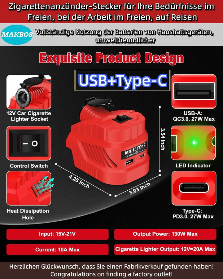 Step Down Konverter für Milwaukee 18V auf 12V | Kfz-Steckdose USB Typ C