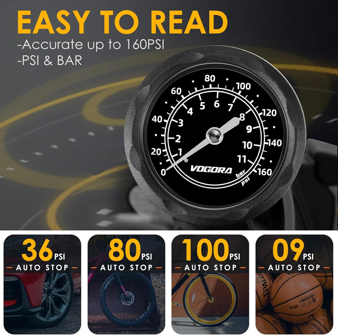 VOGORA Fahrradpumpe alle Ventile, Luftpumpe Fahrrad Französische Ventile mit 160PSI Manometer, Fahrr