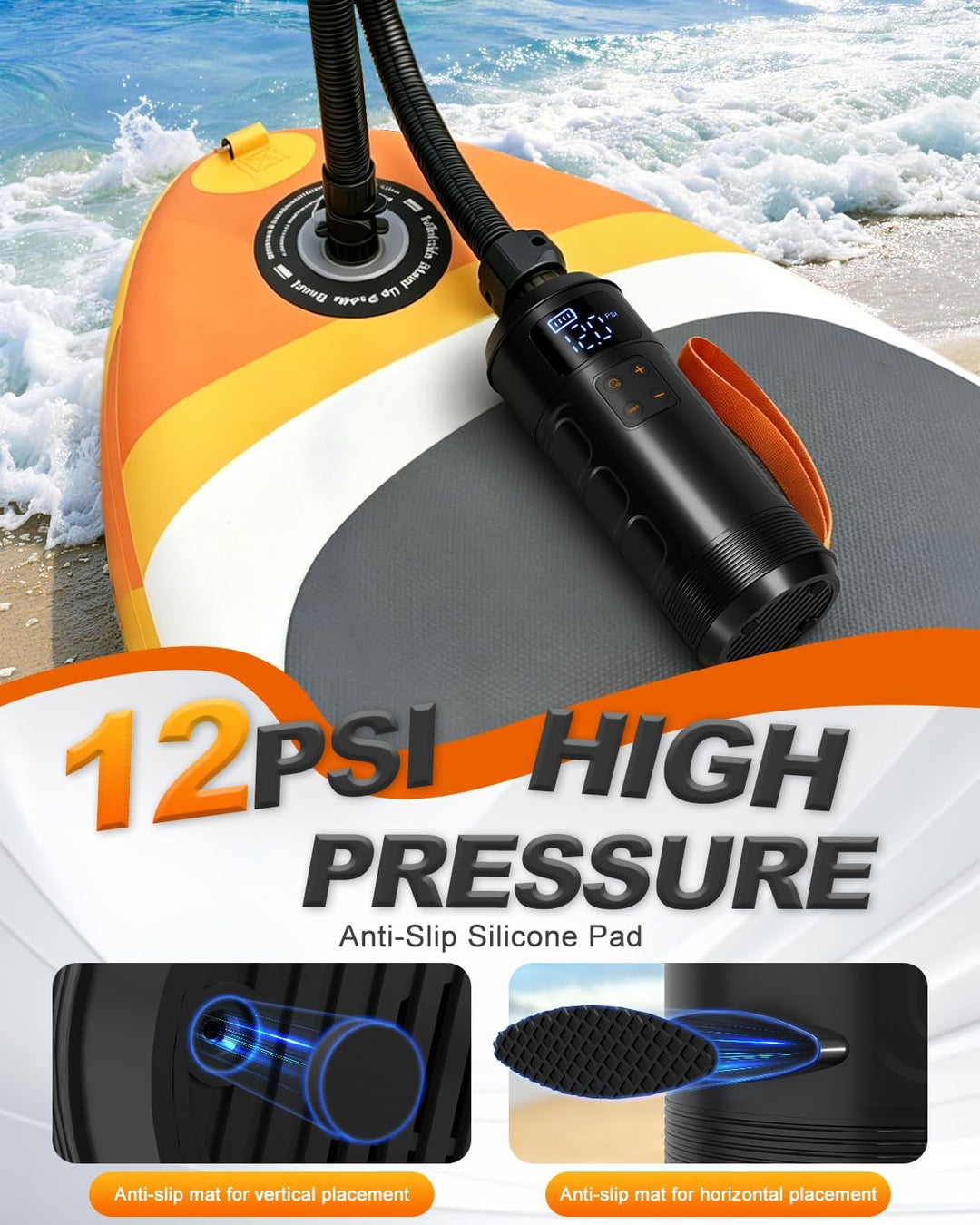 Mojimdo Elektrische SUP Pumpe, Kabellose Luftpumpe bis 12 PSI mit Auto-Stopp, Digitalanzeige & 7 Ven