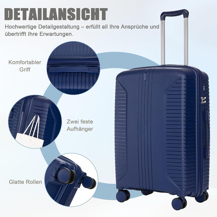 Hartschalen-Koffer Trolley Handgepäck Rollkoffer, Reisekoffer Set mit 4 Rollen, 3er Gepäckset, Blau