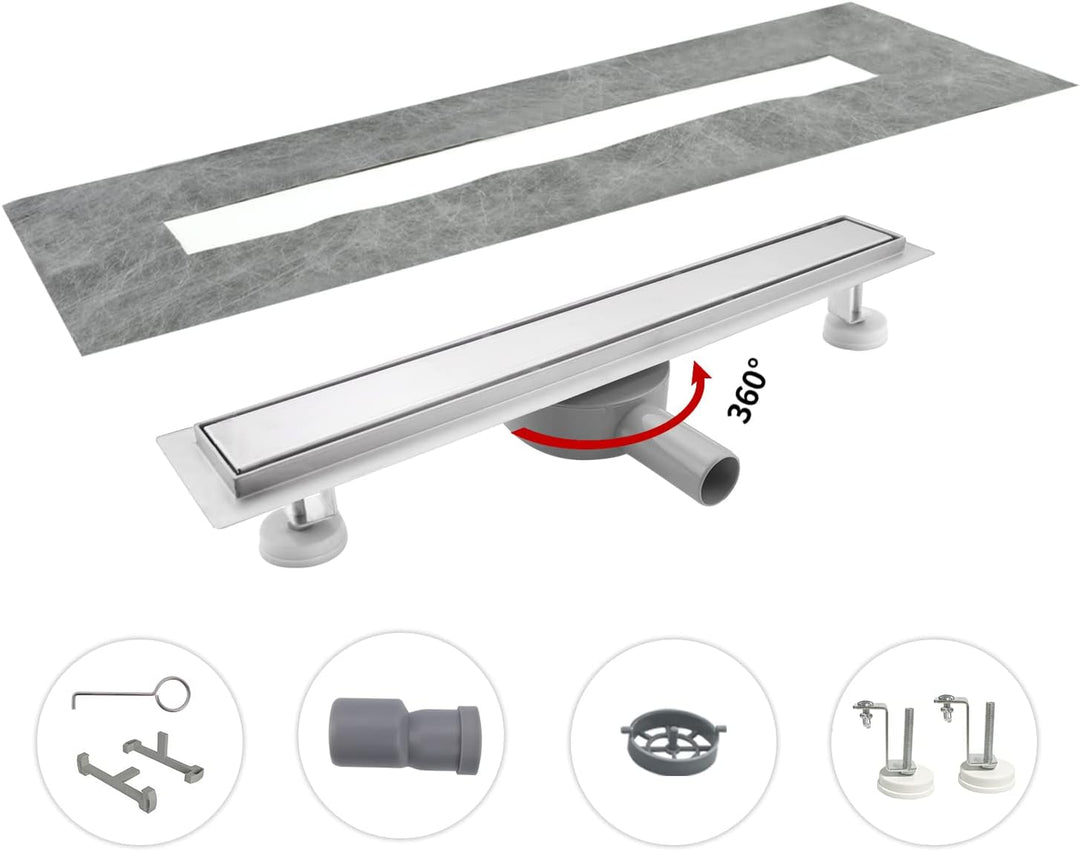 Duschrinne 120 cm, Befliesbar Duschrinne extra flach, Edelstahl Bodenablauf Komplettset mit 360°Siph