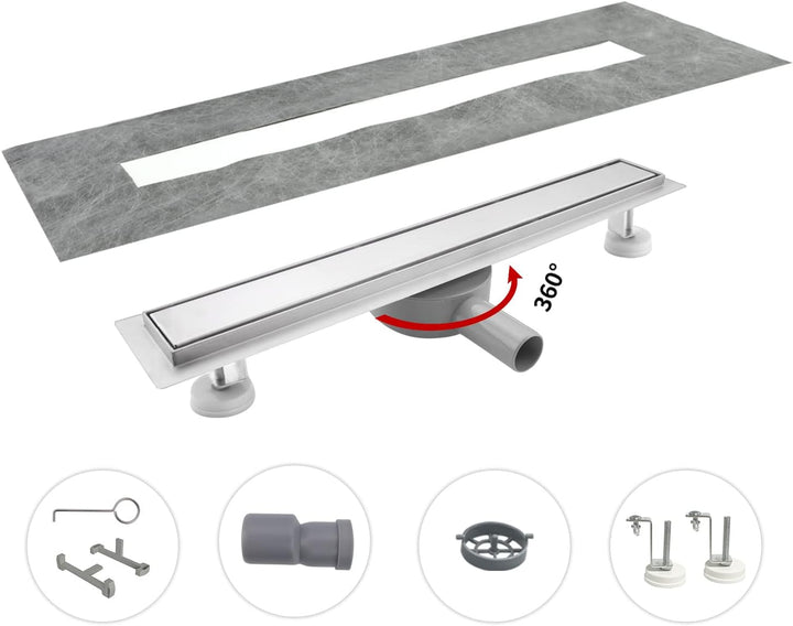 Duschrinne 120 cm, Befliesbar Duschrinne extra flach, Edelstahl Bodenablauf Komplettset mit 360°Siph
