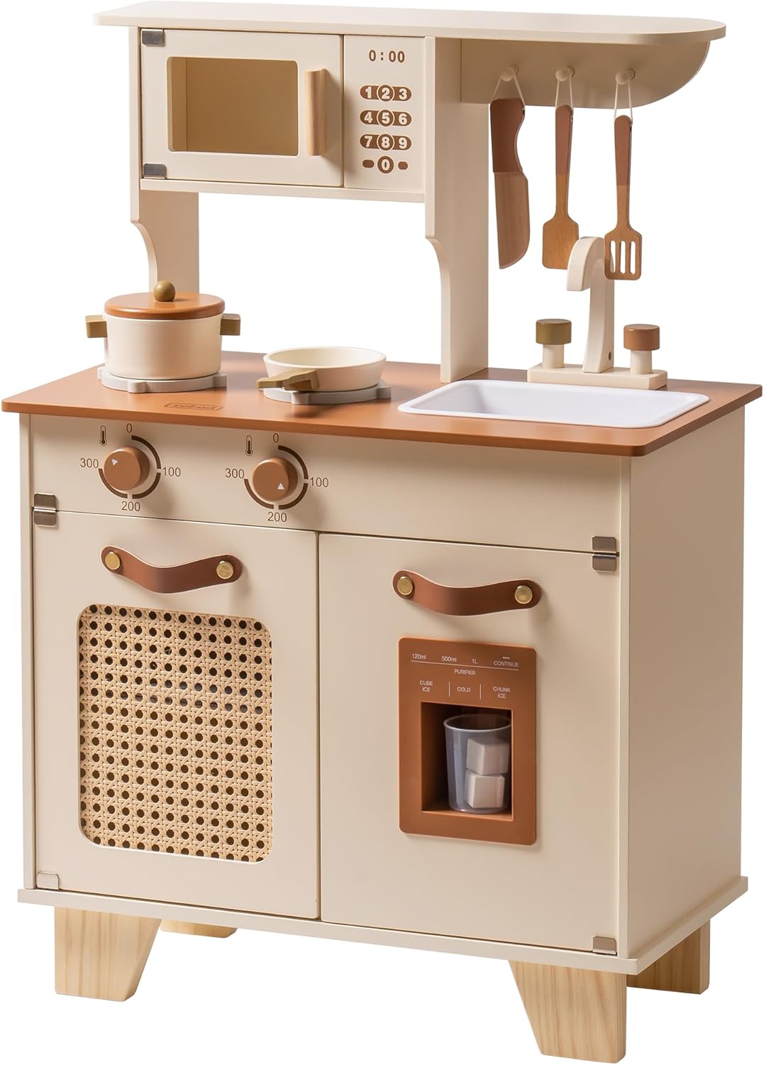 ROBOTIME Kinder-Spielküche aus Holz, Spielzeugküche im Retro-Stil mit Eisspender, Rattan-Netzschrank