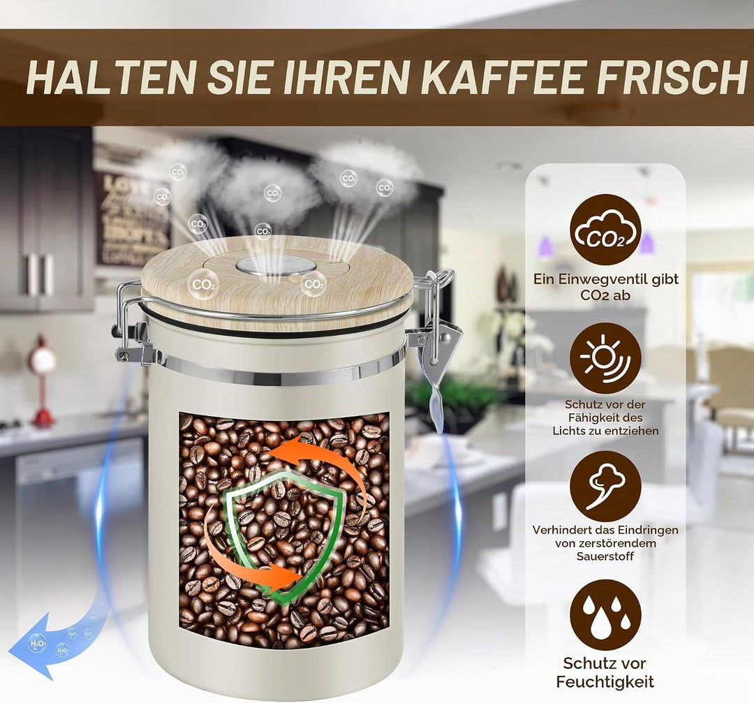 ROCKY&amp;CHAO Kaffeedose Luftdicht aus Edelstahl 1,8L Kaffeebhnen Behälter 600g Vorratsdose für Tee Nüs
