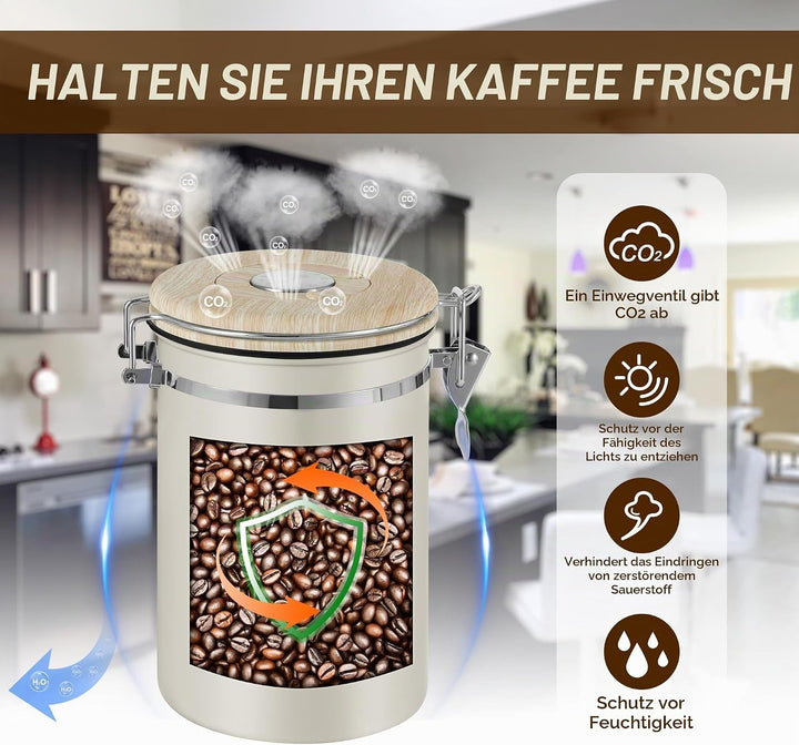 ROCKY&amp;CHAO Kaffeedose Luftdicht aus Edelstahl 1,8L Kaffeebhnen Behälter 600g Vorratsdose für Tee Nüs