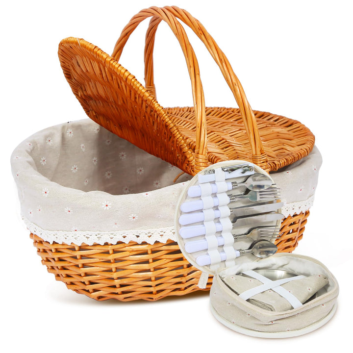Picknickkorb-Set aus Weide für 4 Personen mit Deckel und Griff. Picknickkorb mit waschbarem Futter u