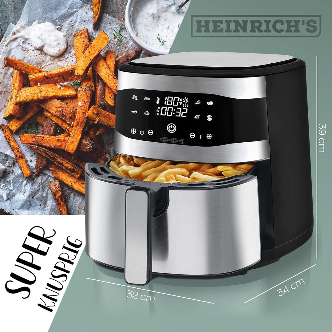 HEINRICHS Heissluftfritteuse Air Fryer aus Edelstahl mit digitalen LED-Display LCD Touch Display, 8